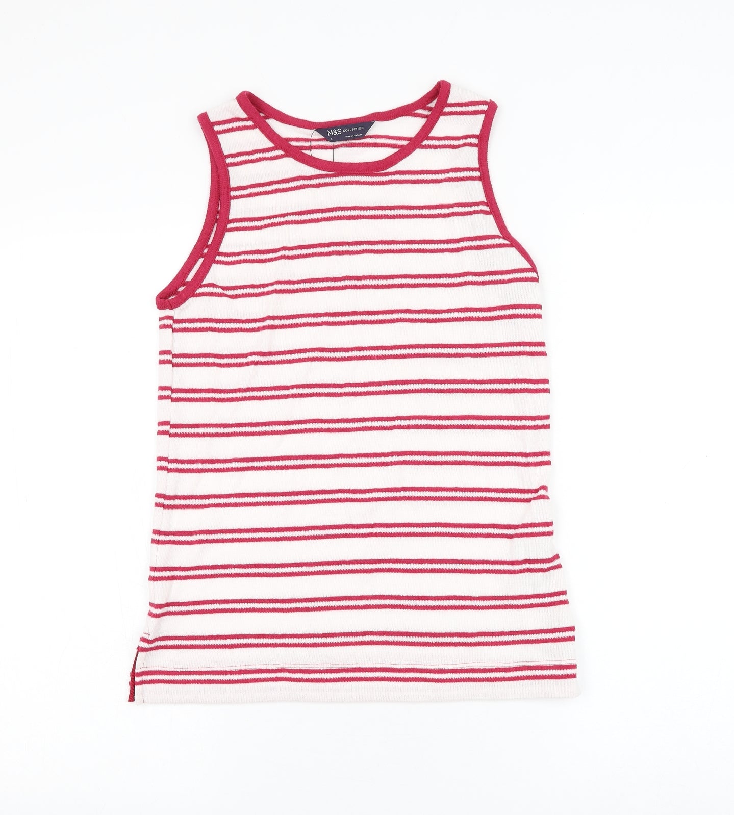 Marks and Spencer Womens White Striped Cotton Basic Tank Size 6 Round Neck