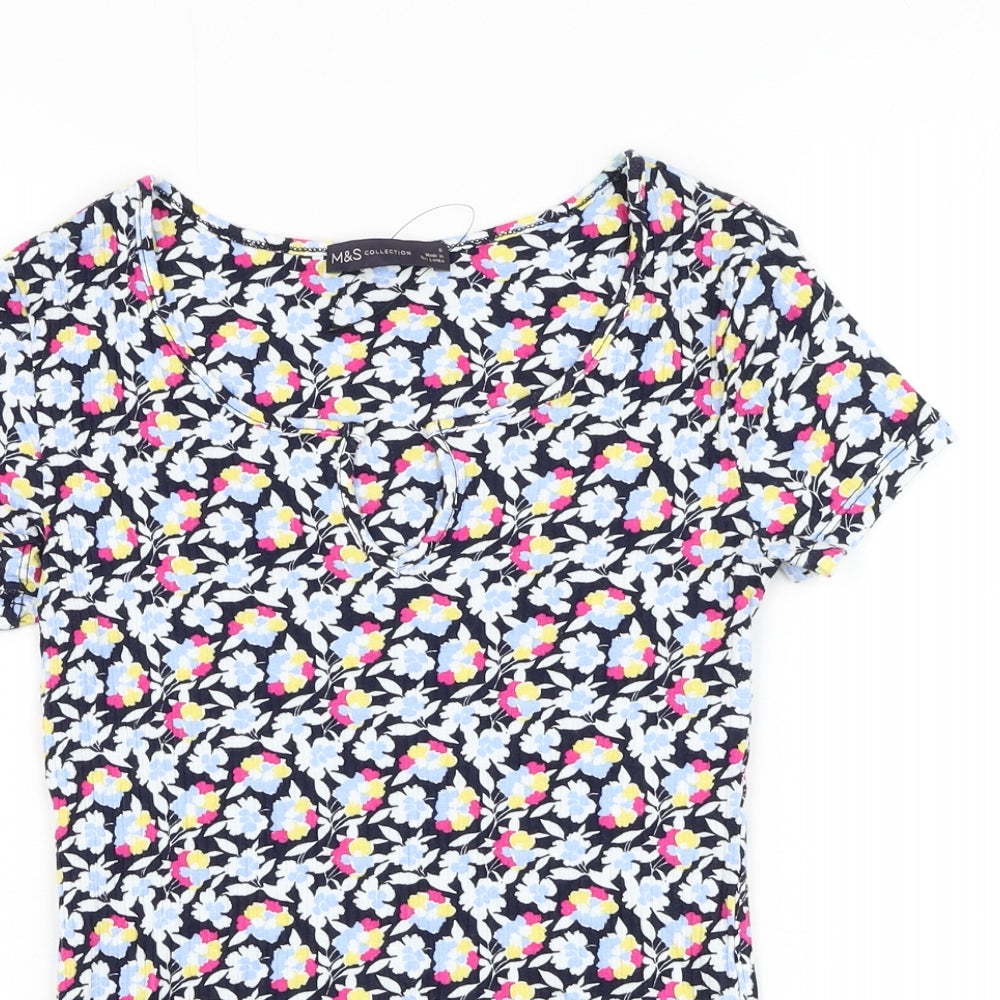 Marks and Spencer Womens Floral Viscose Basic T-Shirt Size 6 V-Neck