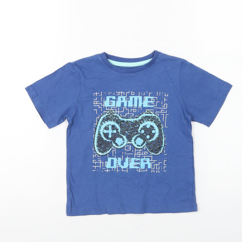M&Co Boys Blue Cotton Basic T-Shirt Size 4-5 Years Round Neck Pullover - Game Over