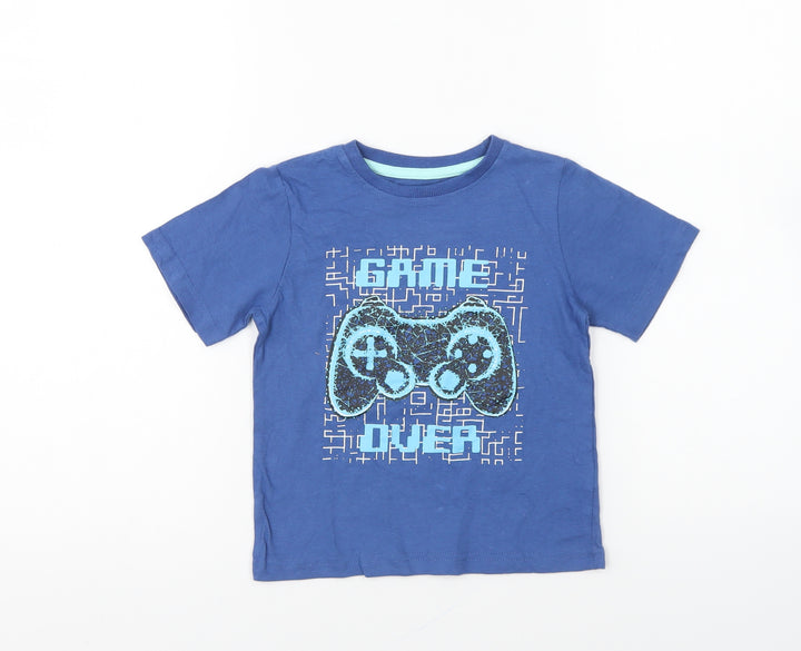 M&Co Boys Blue Cotton Basic T-Shirt Size 4-5 Years Round Neck Pullover - Game Over