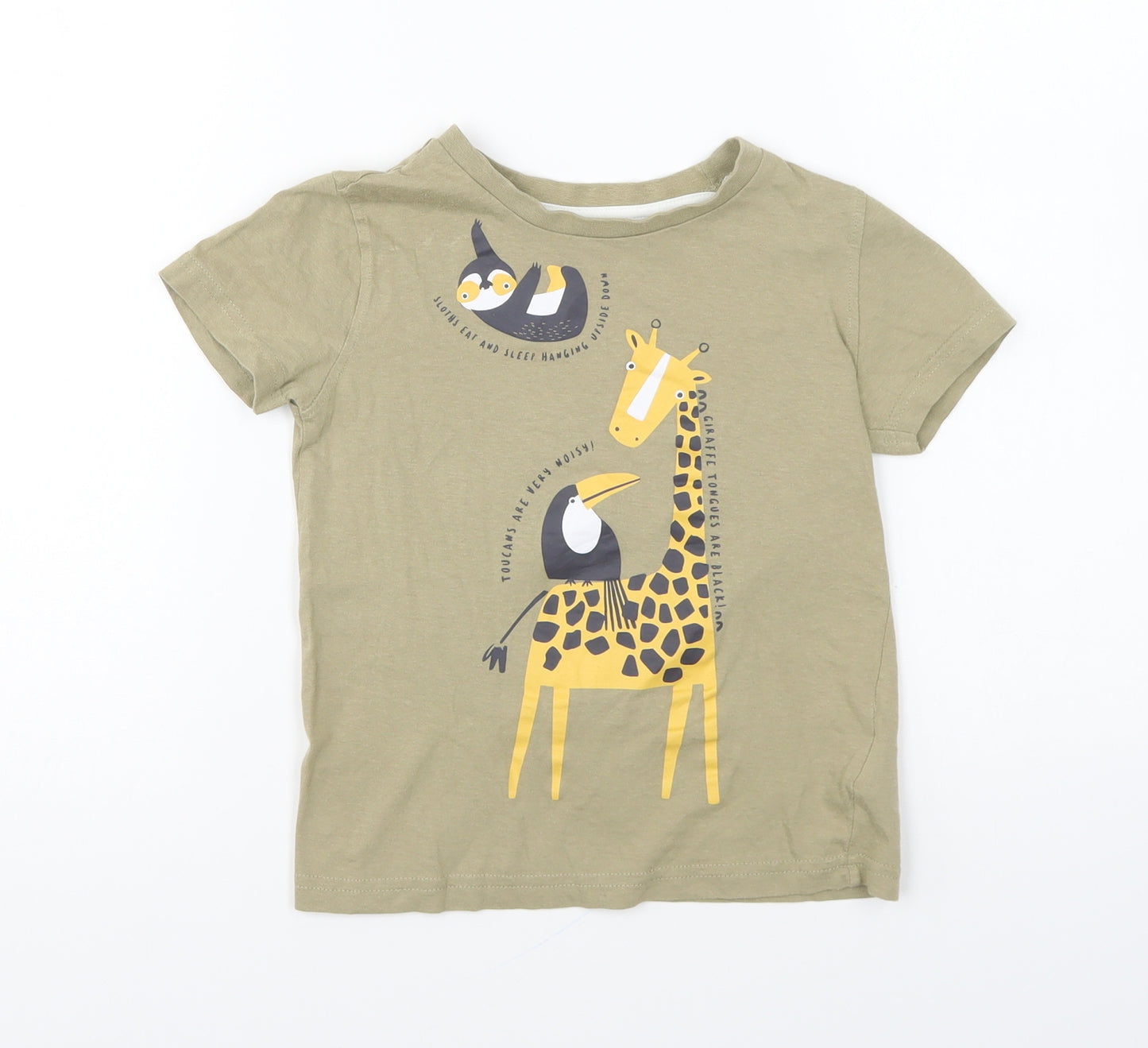 Mothercare Boys Beige Cotton Basic T-Shirt Size 4-5 Years Round Neck Pullover - Zoo animals