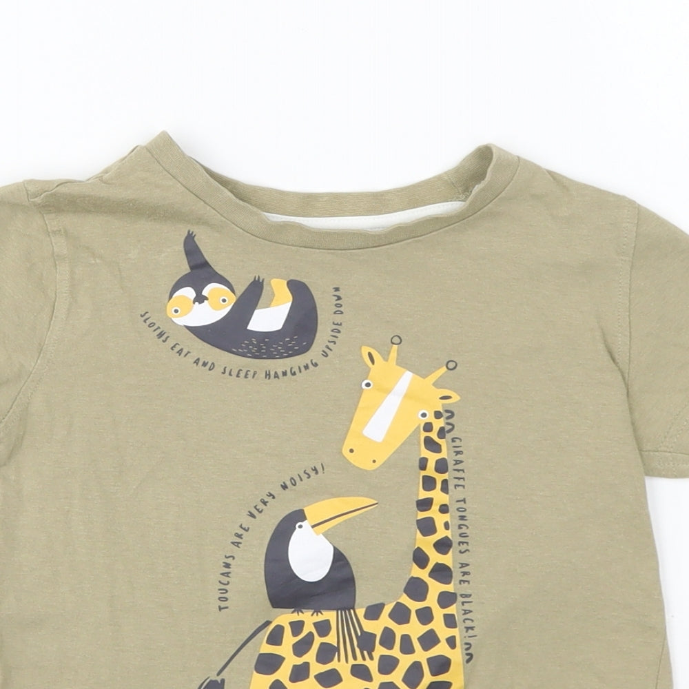Mothercare Boys Beige Cotton Basic T-Shirt Size 4-5 Years Round Neck Pullover - Zoo animals