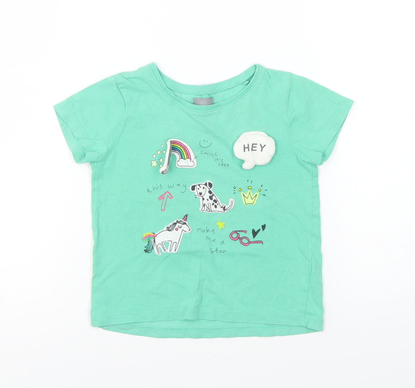 NEXT Girls Green Cotton Basic T-Shirt Size 2-3 Years Round Neck Pullover