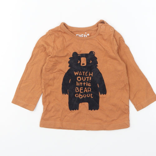 F&F Baby Brown Cotton Basic T-Shirt Size 3-6 Months Round Neck Snap - Watch Out! Little Bear About