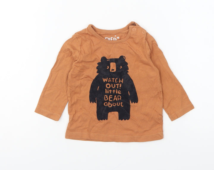 F&F Baby Brown Cotton Basic T-Shirt Size 3-6 Months Round Neck Snap - Watch Out! Little Bear About