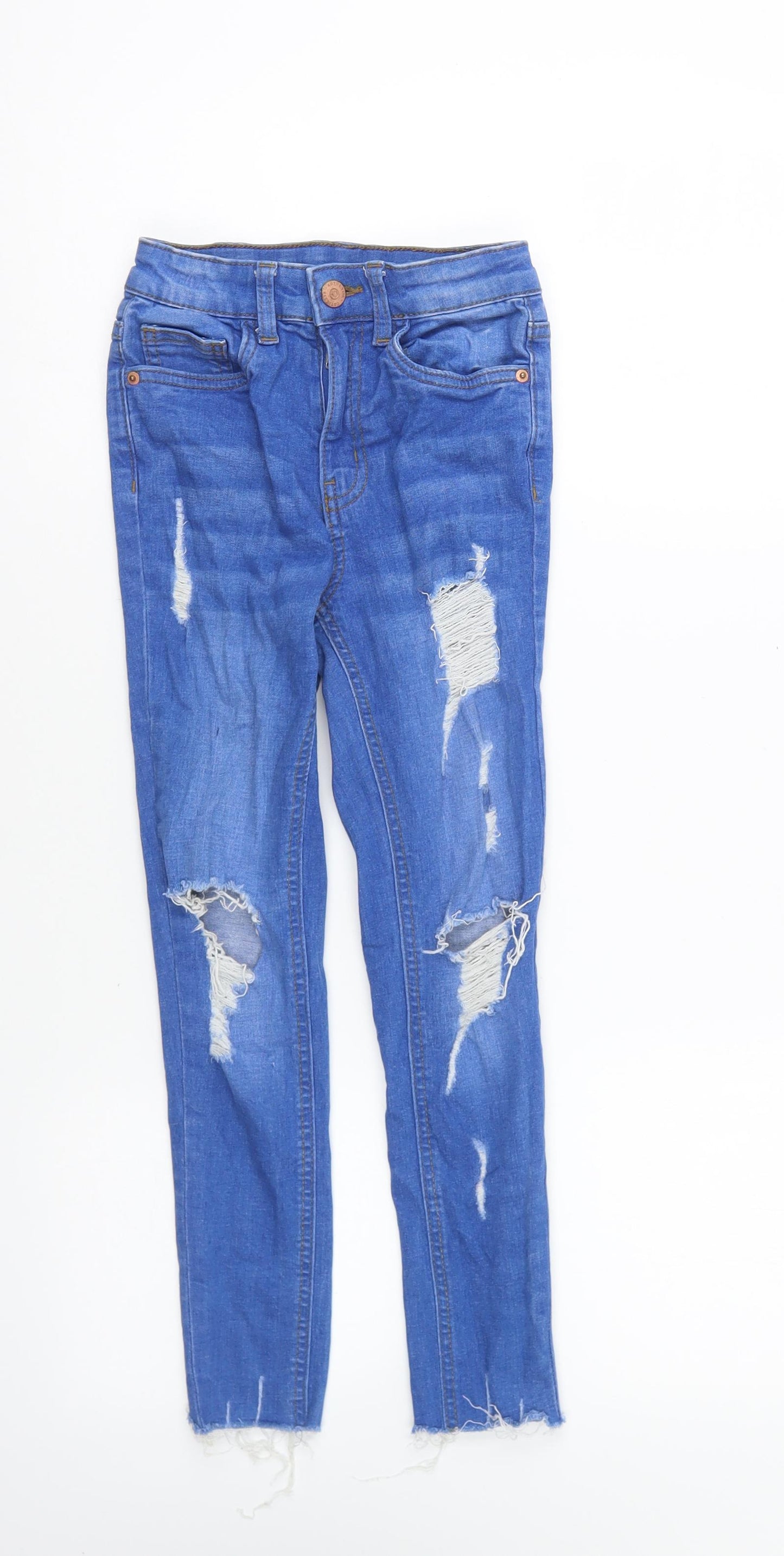 George Girls Blue Cotton Skinny Jeans Size 8-9 Years Regular Button - Distressed Look