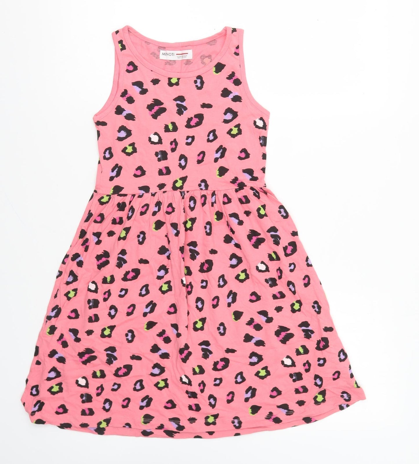 Minoti Girls Pink Animal Print Cotton Skater Dress Size 8-9 Years Round Neck Pullover