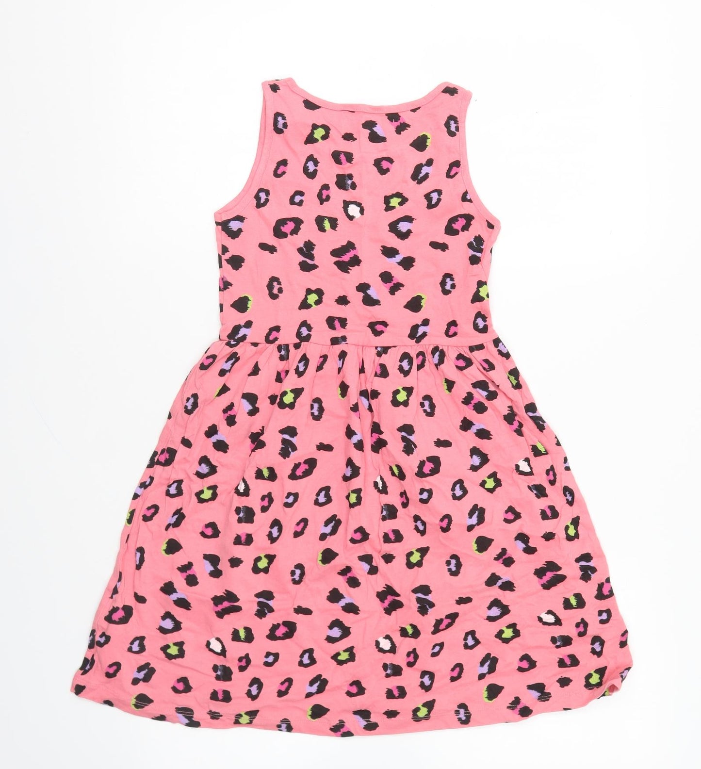 Minoti Girls Pink Animal Print Cotton Skater Dress Size 8-9 Years Round Neck Pullover