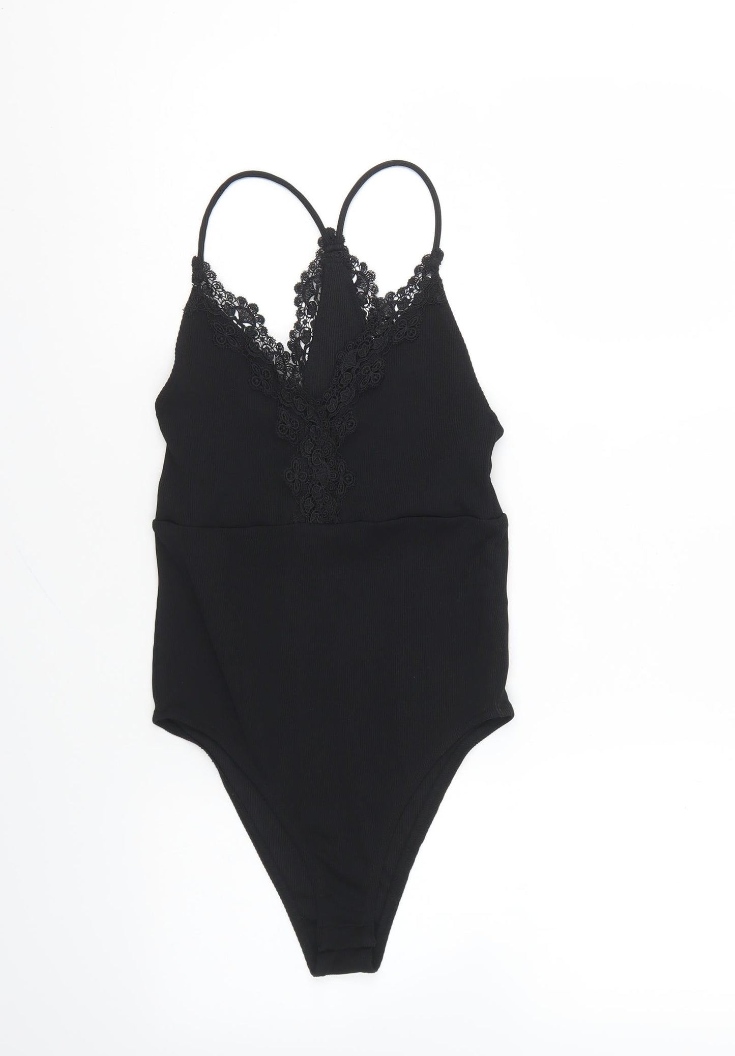 Topshop Womens Black Polyester Bodysuit One-Piece Size 10 Snap - Lace Trim