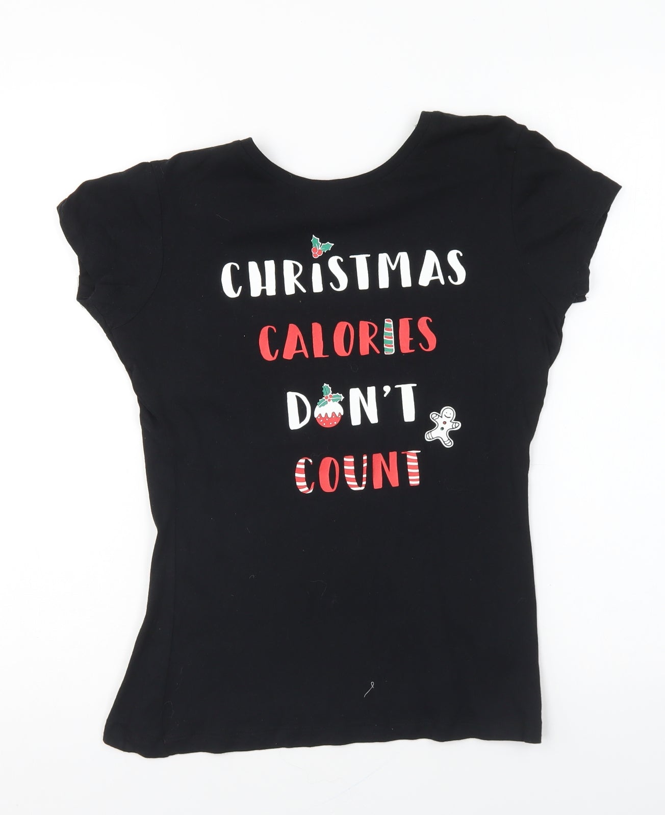 Primark Womens Black Cotton Basic T-Shirt Size 6 Round Neck - Christmas Calories Don't Count