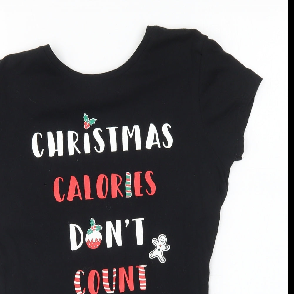 Primark Womens Black Cotton Basic T-Shirt Size 6 Round Neck - Christmas Calories Don't Count