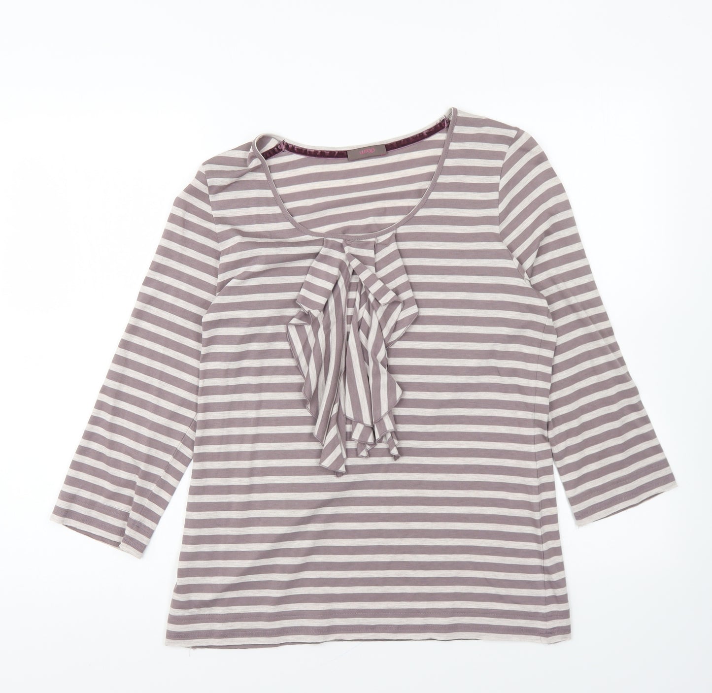 Wrap Womens Grey Striped Viscose Basic T-Shirt Size 12 Round Neck