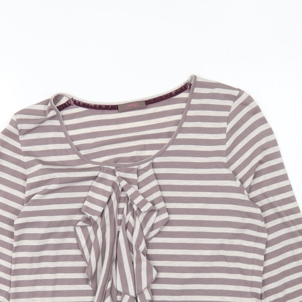 Wrap Womens Grey Striped Viscose Basic T-Shirt Size 12 Round Neck
