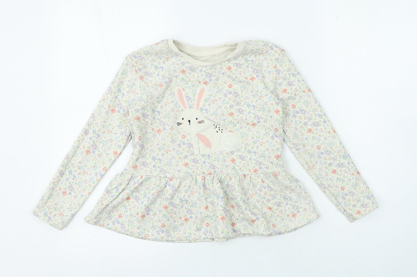 George Girls Ivory Crew Neck Floral Cotton Henley Jumper Size 6-7 Years - Bunny