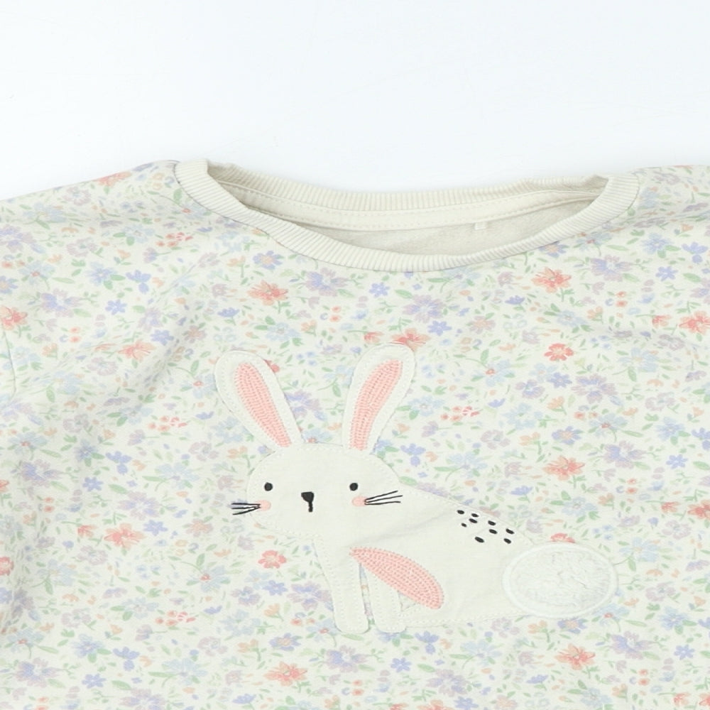 George Girls Ivory Crew Neck Floral Cotton Henley Jumper Size 6-7 Years - Bunny