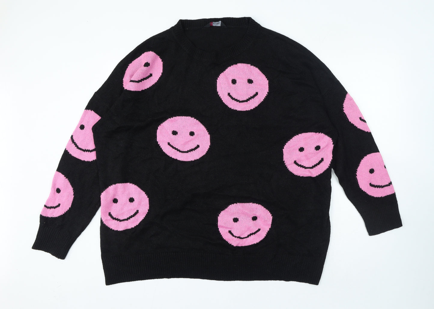 Yours Womens Black Crew Neck Geometric Acrylic Pullover Jumper Size 22 - Smiley Face
