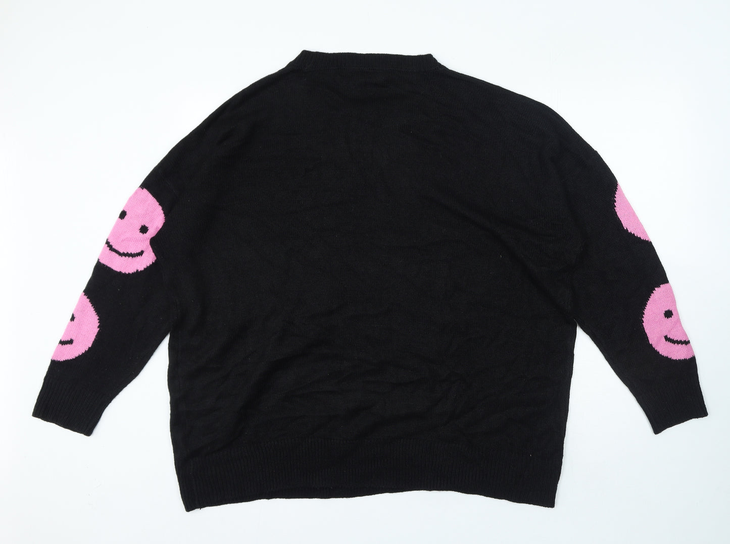 Yours Womens Black Crew Neck Geometric Acrylic Pullover Jumper Size 22 - Smiley Face