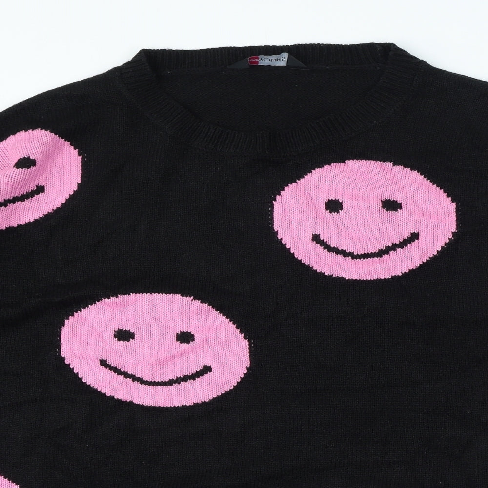 Yours Womens Black Crew Neck Geometric Acrylic Pullover Jumper Size 22 - Smiley Face