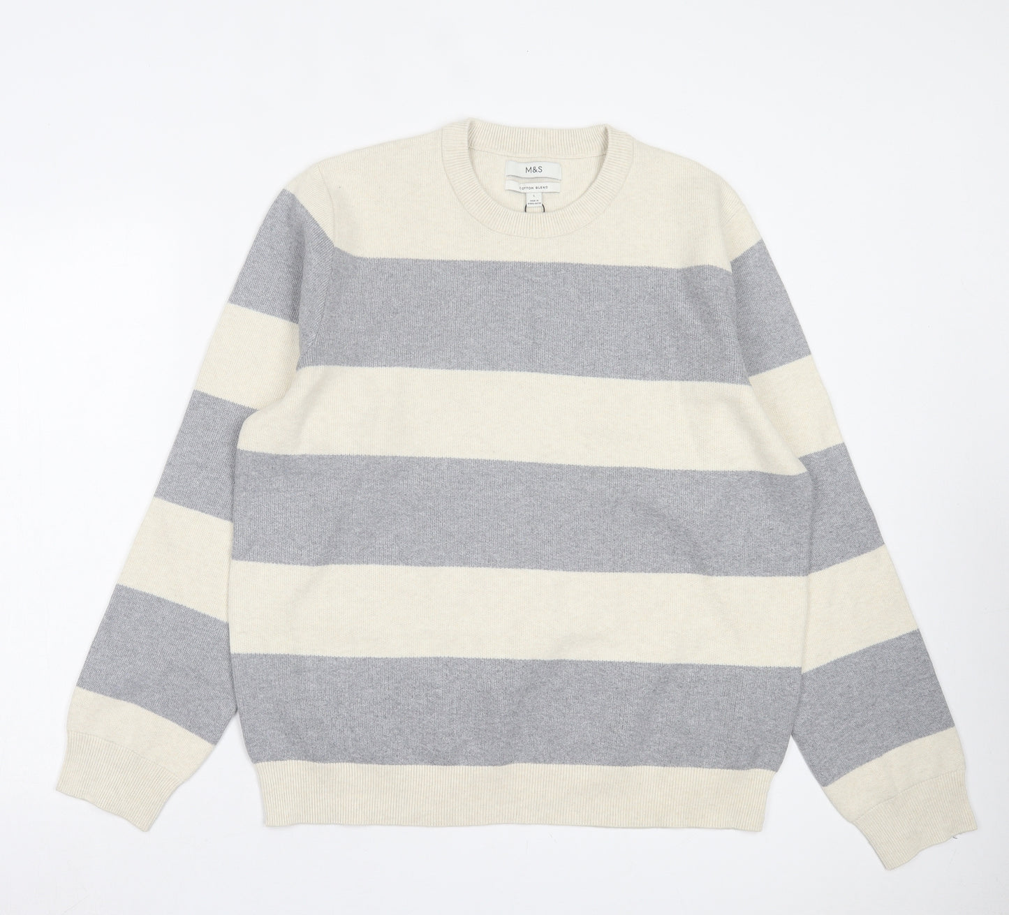 Marks and Spencer Mens Grey Round Neck Striped Polyester Pullover Jumper Size L