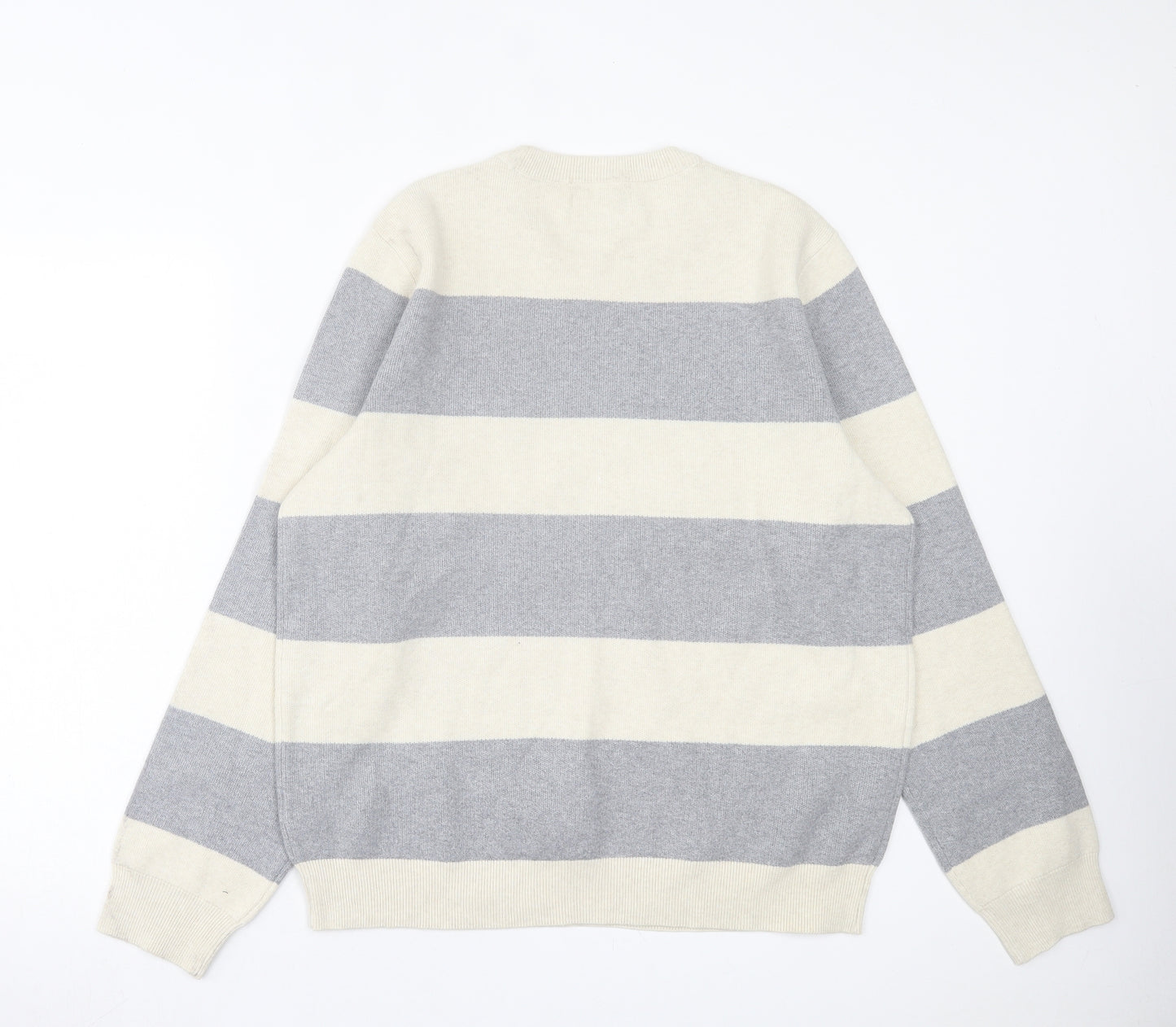 Marks and Spencer Mens Grey Round Neck Striped Polyester Pullover Jumper Size L