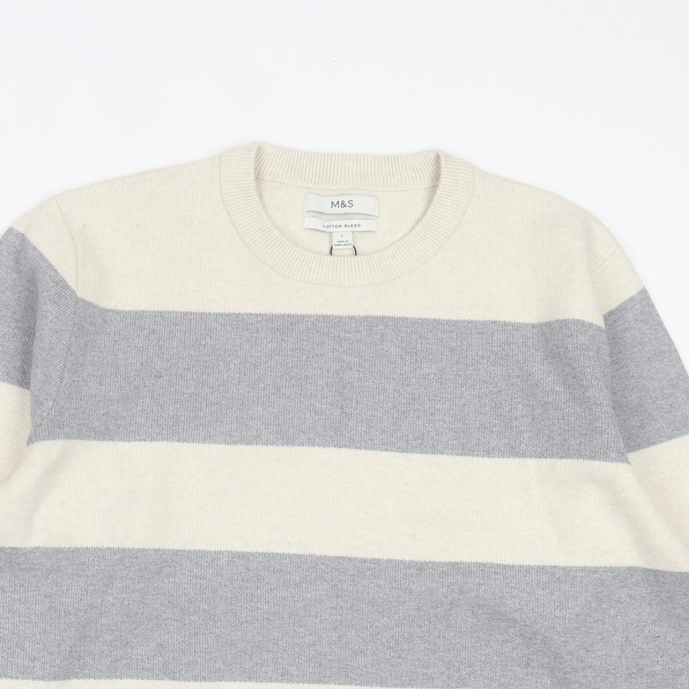 Marks and Spencer Mens Grey Round Neck Striped Polyester Pullover Jumper Size L