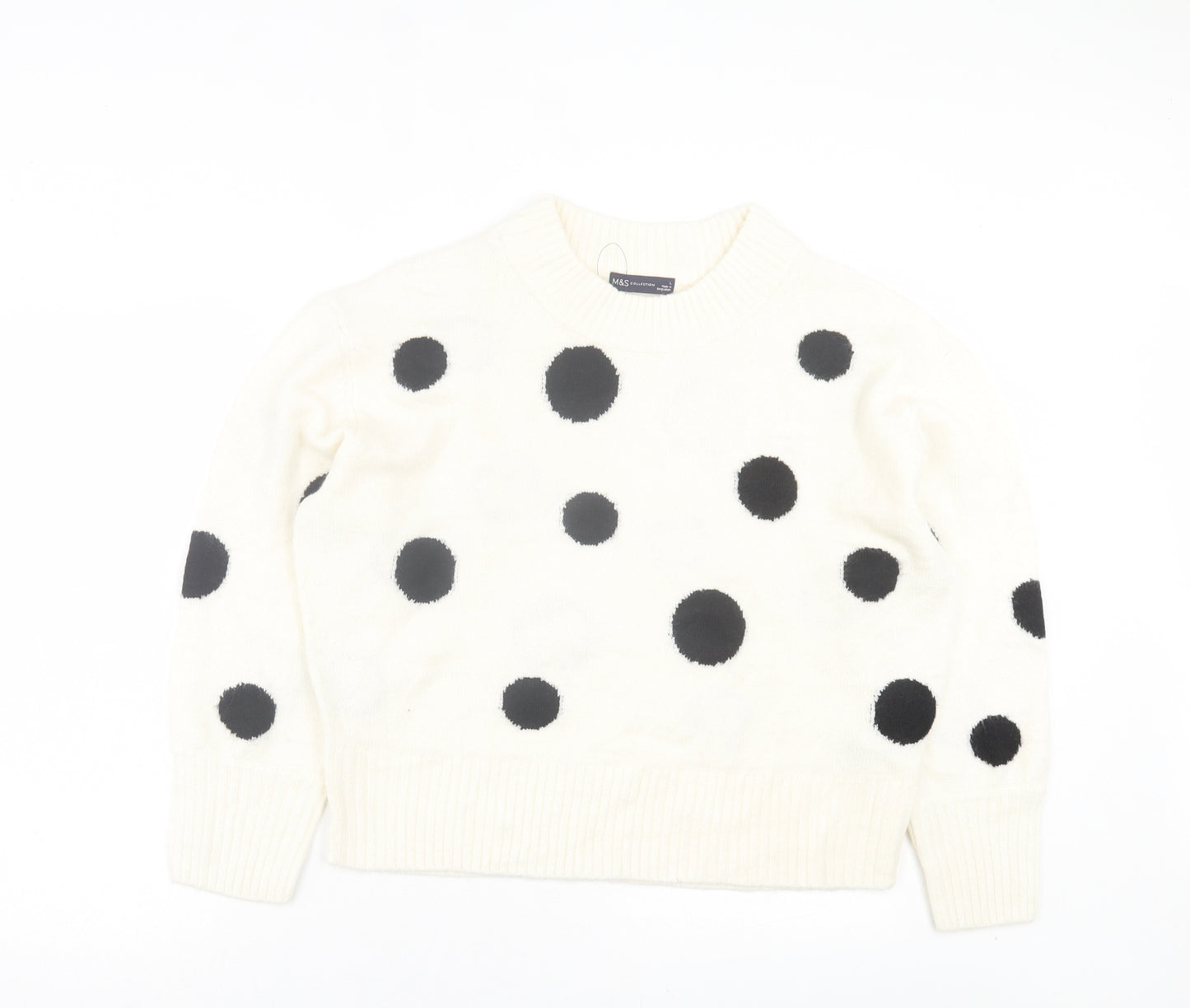 Marks and Spencer Womens White Round Neck Polka Dot Acrylic Pullover Jumper Size L