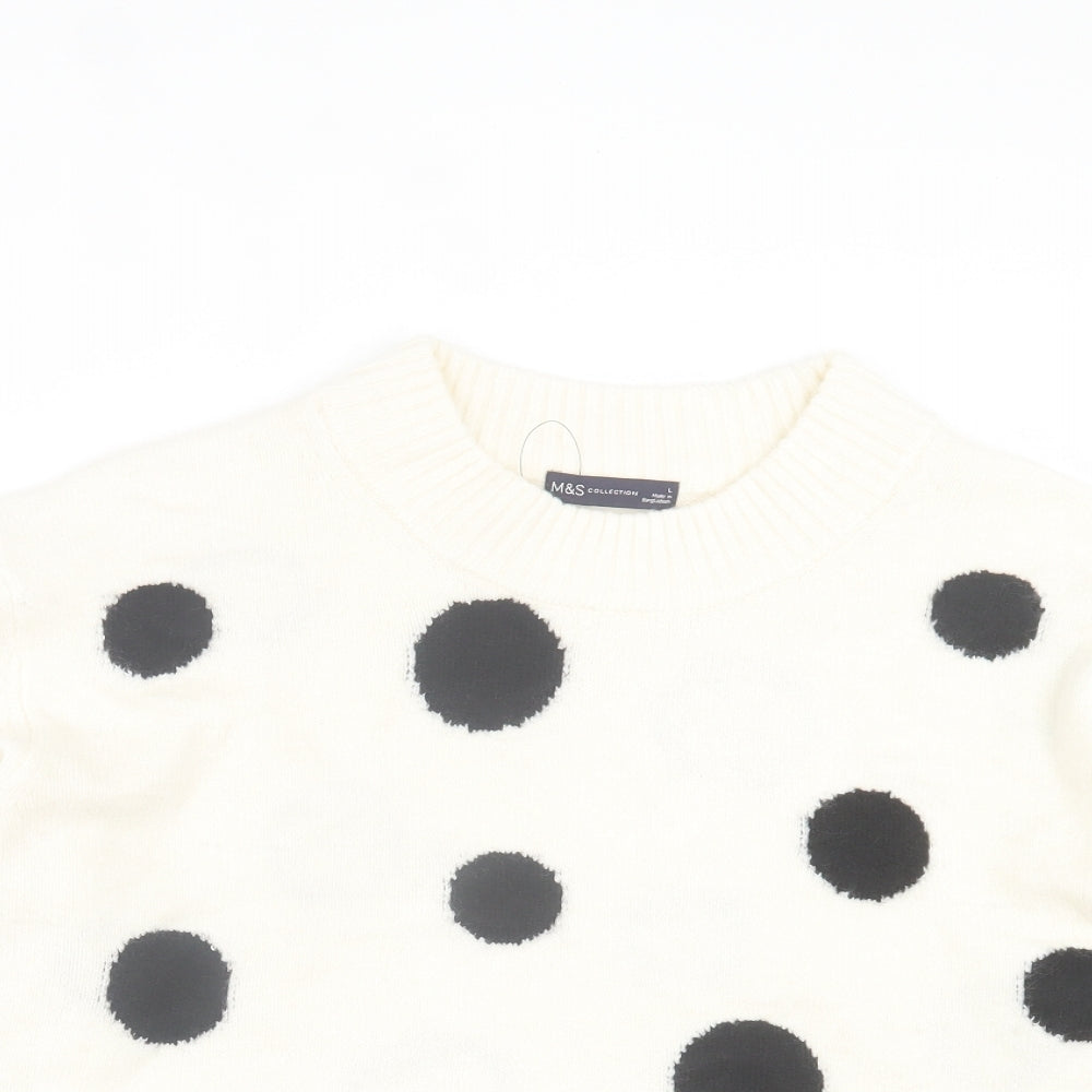 Marks and Spencer Womens White Round Neck Polka Dot Acrylic Pullover Jumper Size L