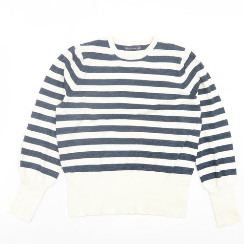 Marks and Spencer Womens Blue Crew Neck Striped Viscose Pullover Jumper Size M