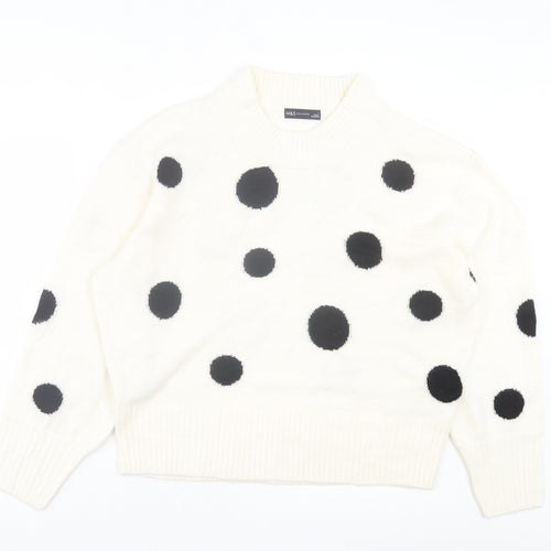Marks and Spencer Womens White Crew Neck Polka Dot Acrylic Pullover Jumper Size L