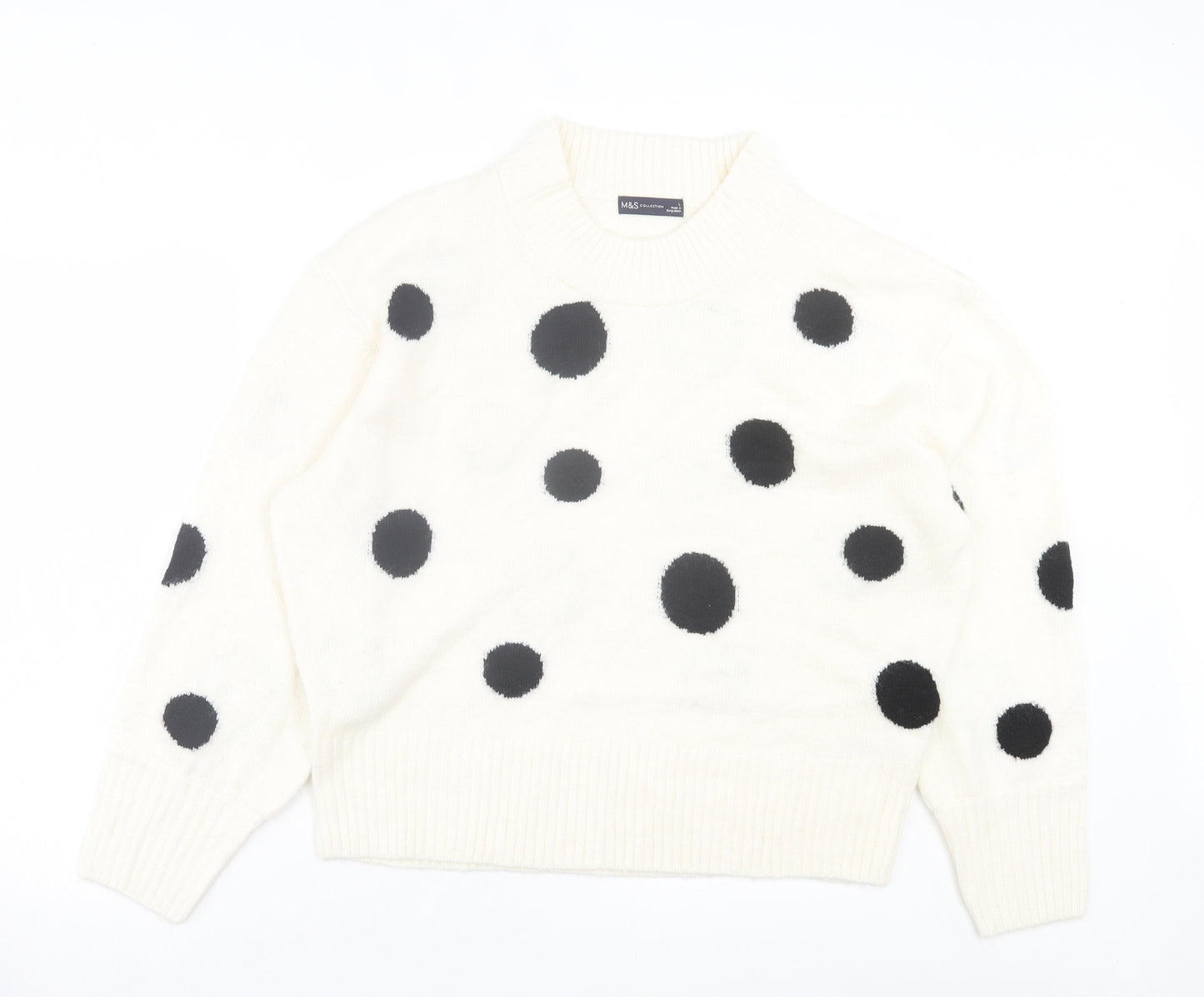 Marks and Spencer Womens White Crew Neck Polka Dot Acrylic Pullover Jumper Size L
