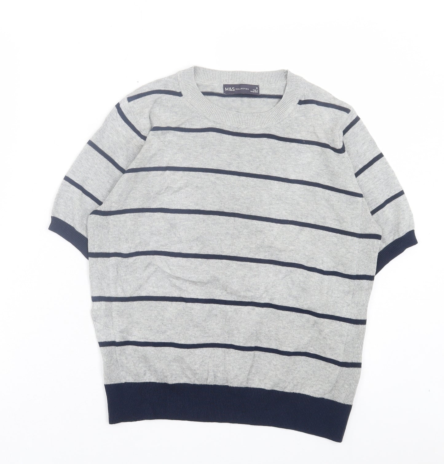 Marks and Spencer Womens Grey Striped Acrylic Basic T-Shirt Size 12 Crew Neck