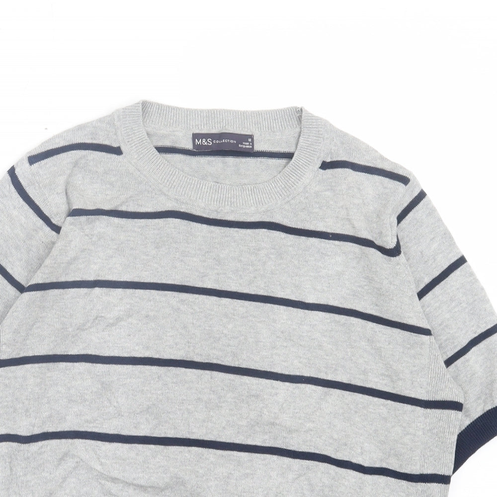 Marks and Spencer Womens Grey Striped Acrylic Basic T-Shirt Size 12 Crew Neck