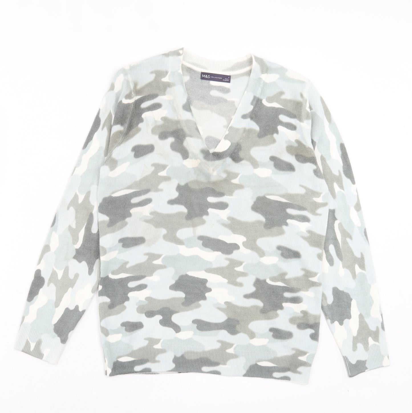 Marks and Spencer Womens Beige V-Neck Camouflage Acrylic Pullover Jumper Size S