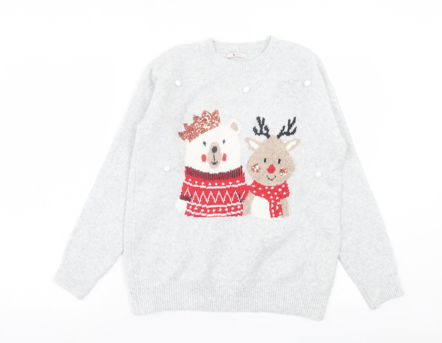 TU Womens Grey Crew Neck Acrylic Pullover Jumper Size 10 - Christmas