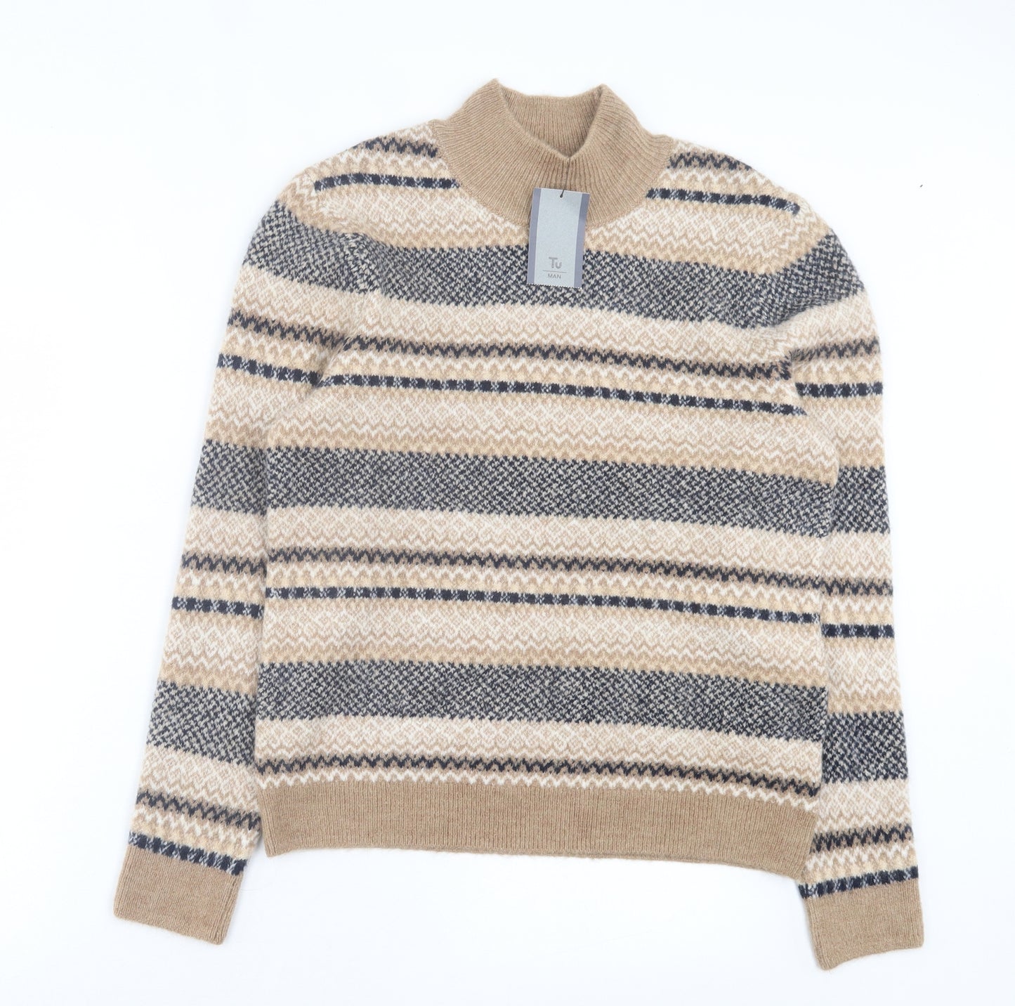 TU Mens Brown High Neck Geometric Acrylic Pullover Jumper Size M