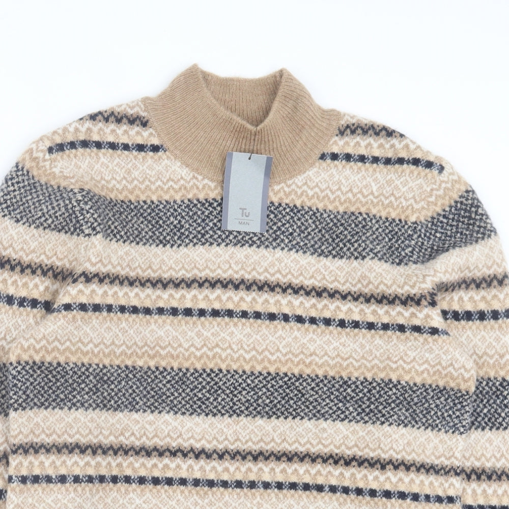 TU Mens Brown High Neck Geometric Acrylic Pullover Jumper Size M