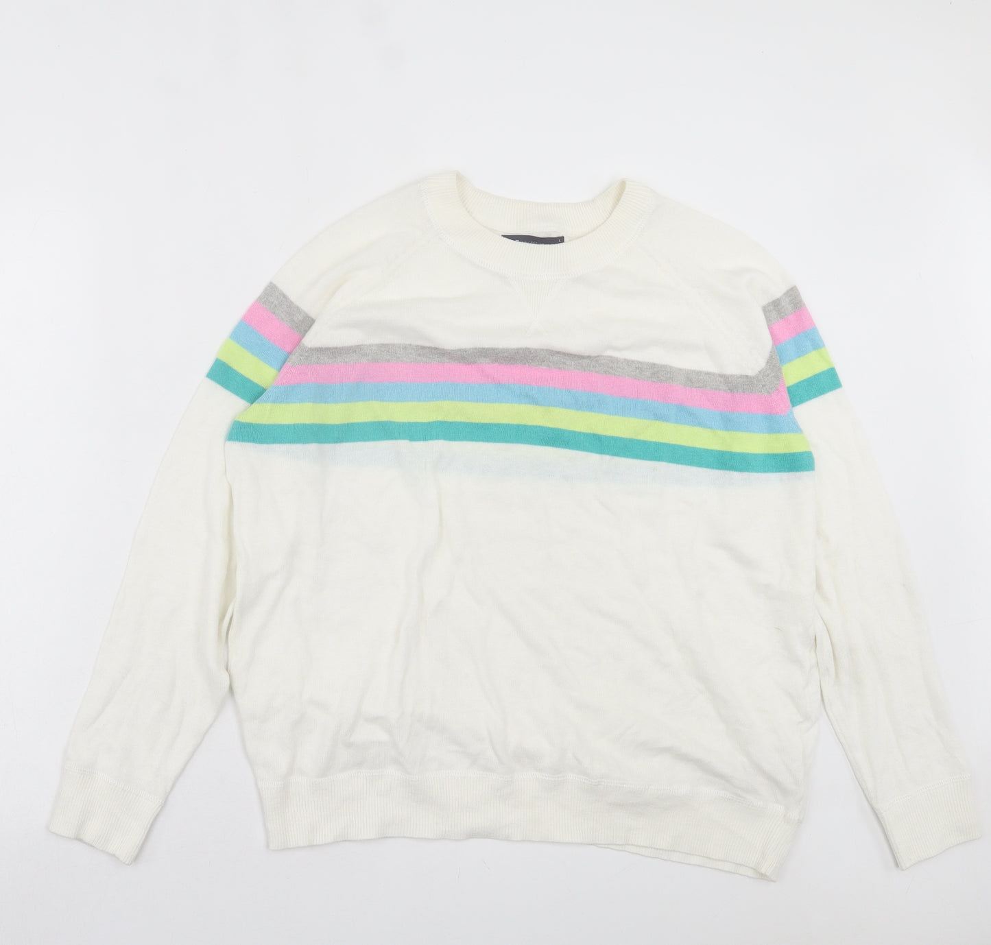 Marks and Spencer Womens Ivory Crew Neck Striped Cotton Pullover Jumper Size L