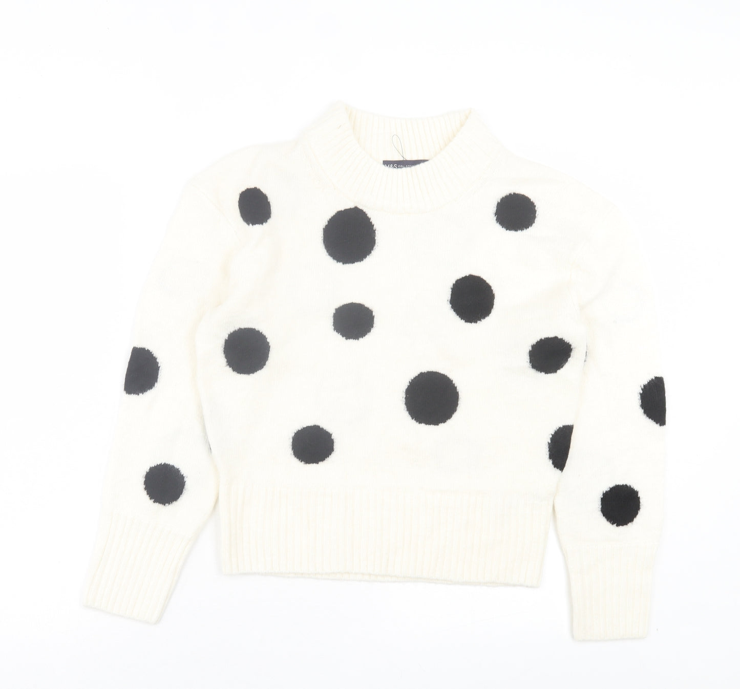 Marks and Spencer Womens White Round Neck Polka Dot Acrylic Pullover Jumper Size S