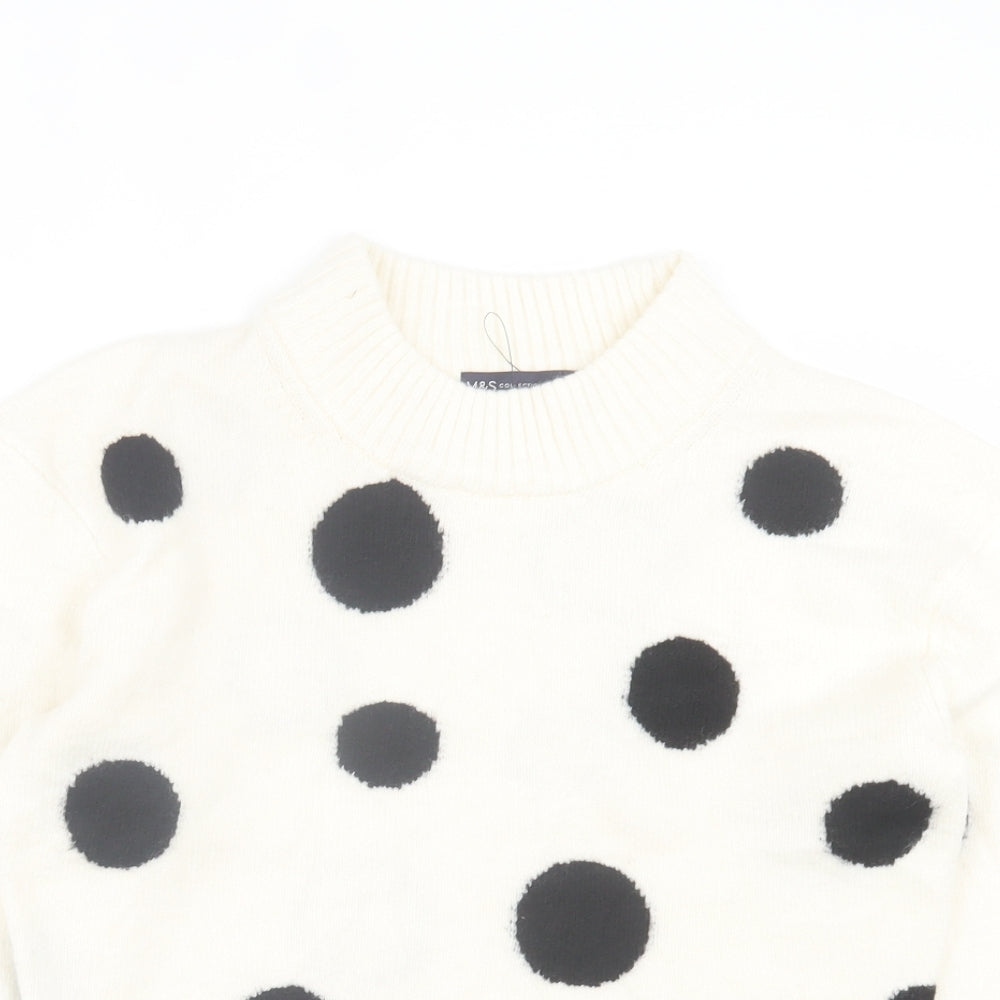 Marks and Spencer Womens White Round Neck Polka Dot Acrylic Pullover Jumper Size S