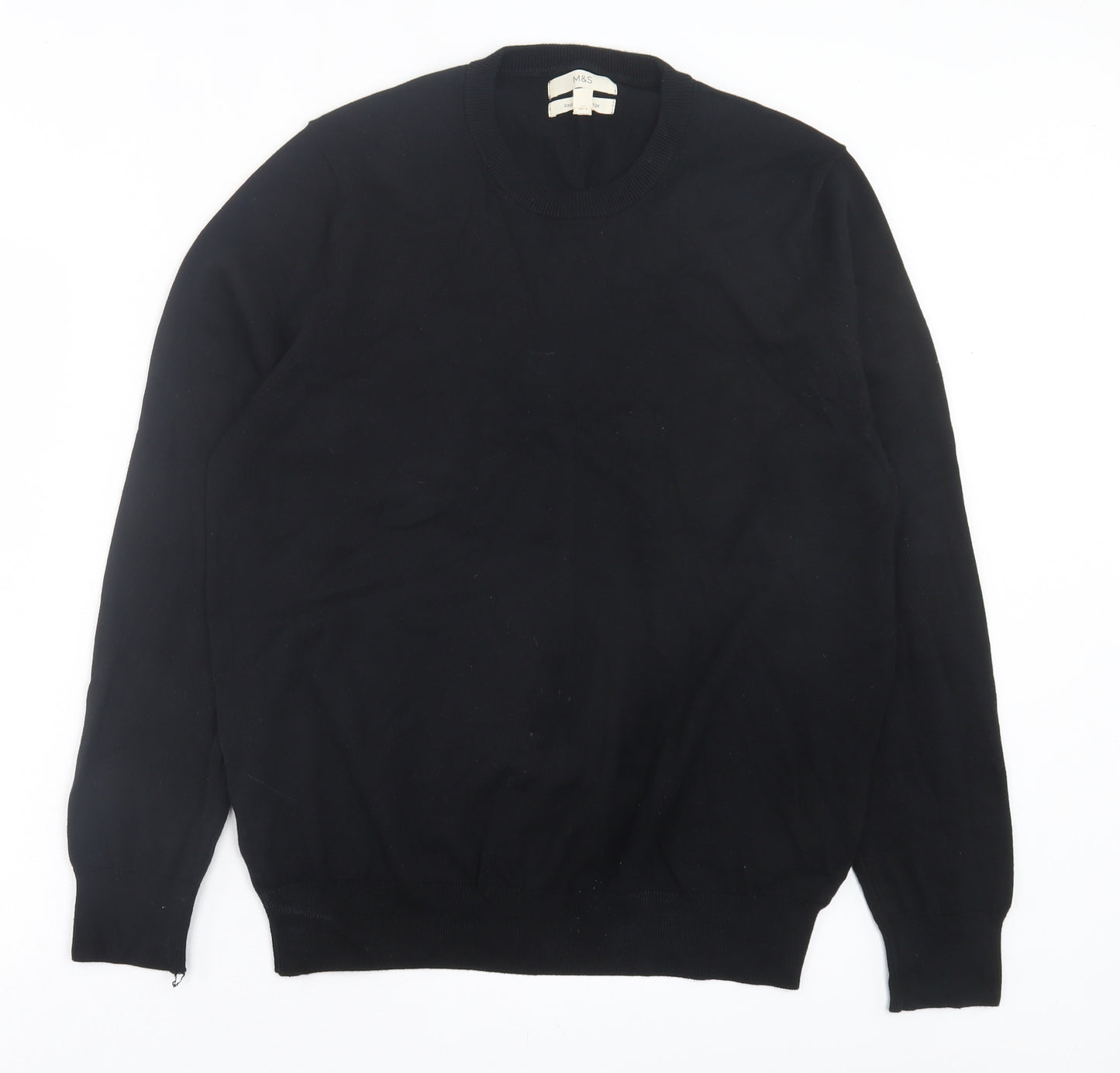 Marks and Spencer Mens Black Crew Neck Cotton Pullover Jumper Size L