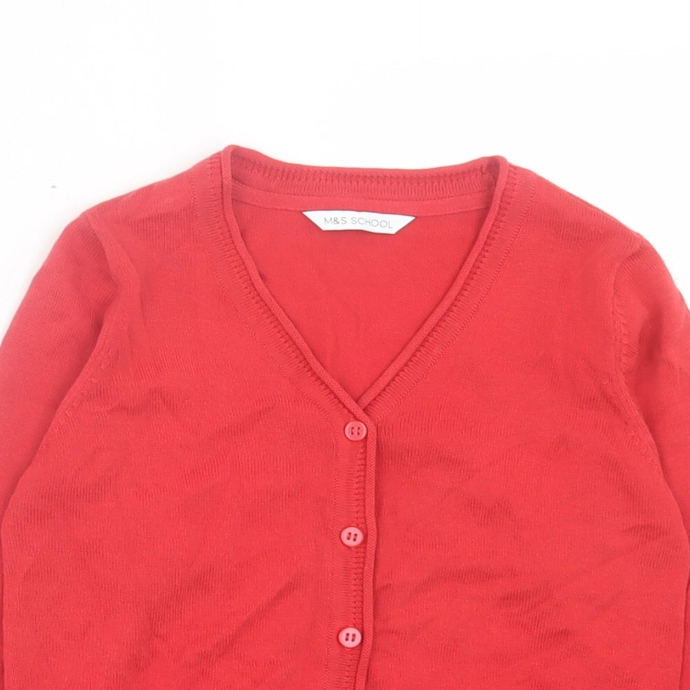 Marks and Spencer Girls Red V-Neck Cotton Cardigan Jumper Size 5 Years Button - School Wear
