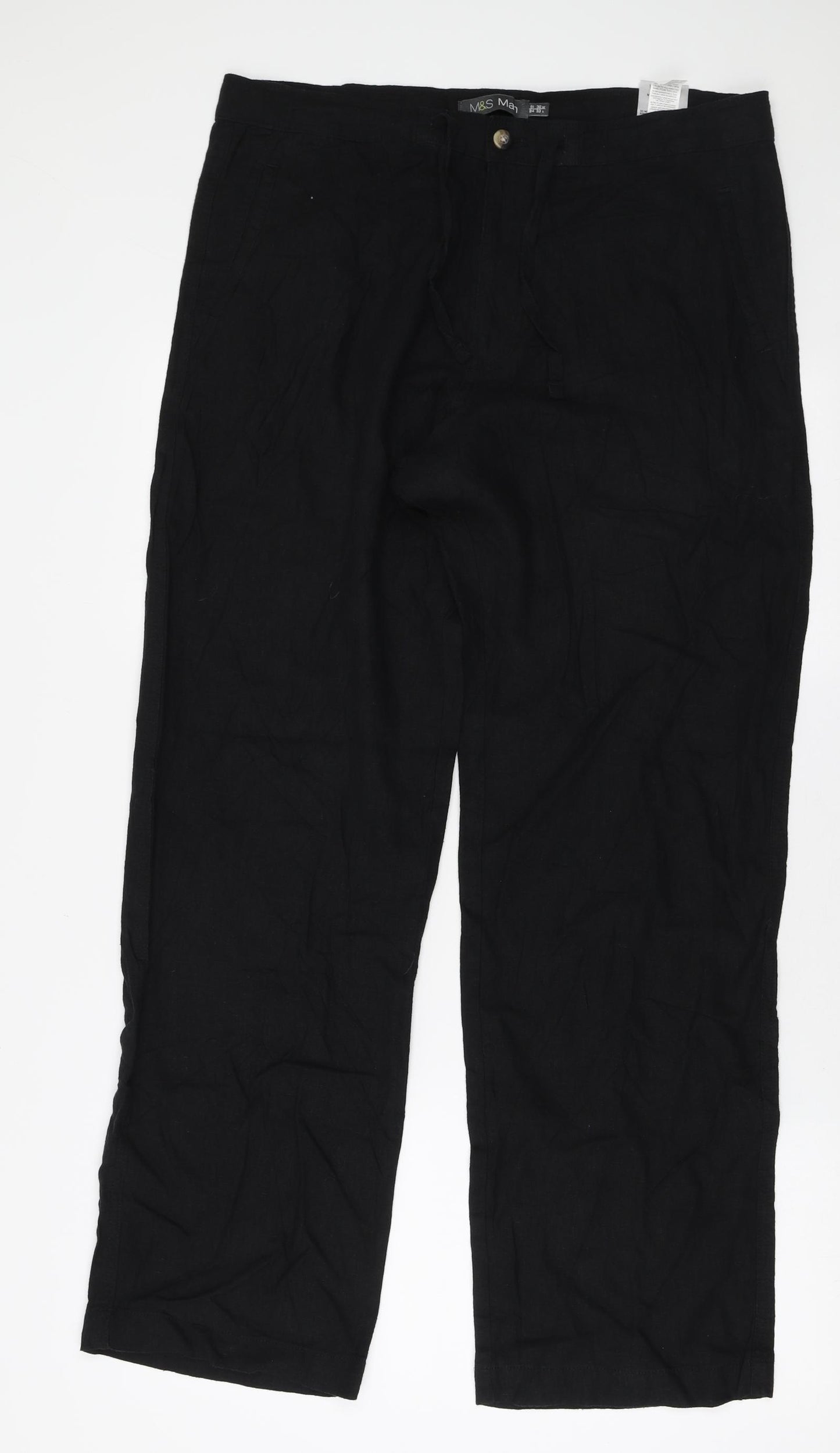 Marks and Spencer Mens Black Flax Trousers Size 36 in L33 in Regular Tie