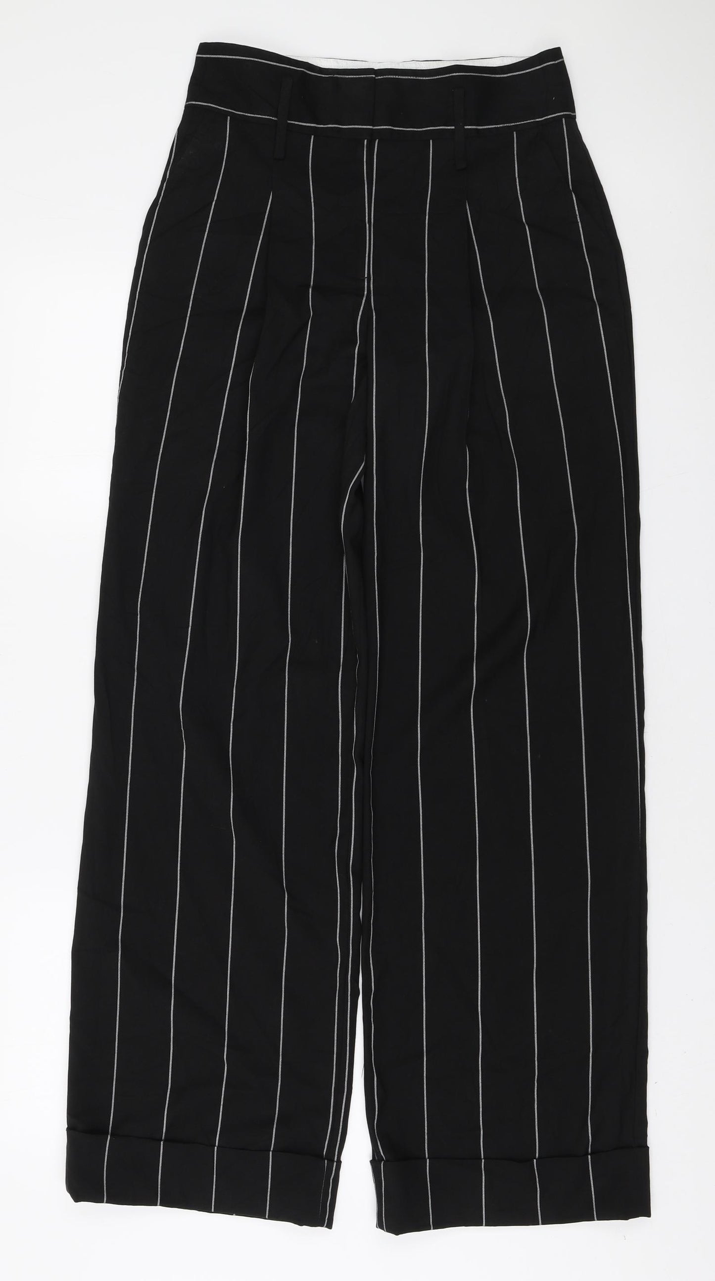 Marks and Spencer Womens Black Striped Polyester Trousers Size 8 L32 in Regular Zip