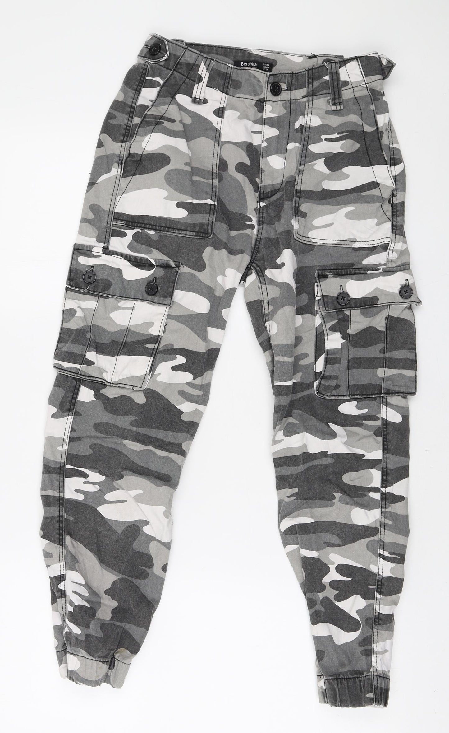 Bershka Womens Grey Camouflage Cotton Cargo Trousers Size 6 L23 in Regular Zip