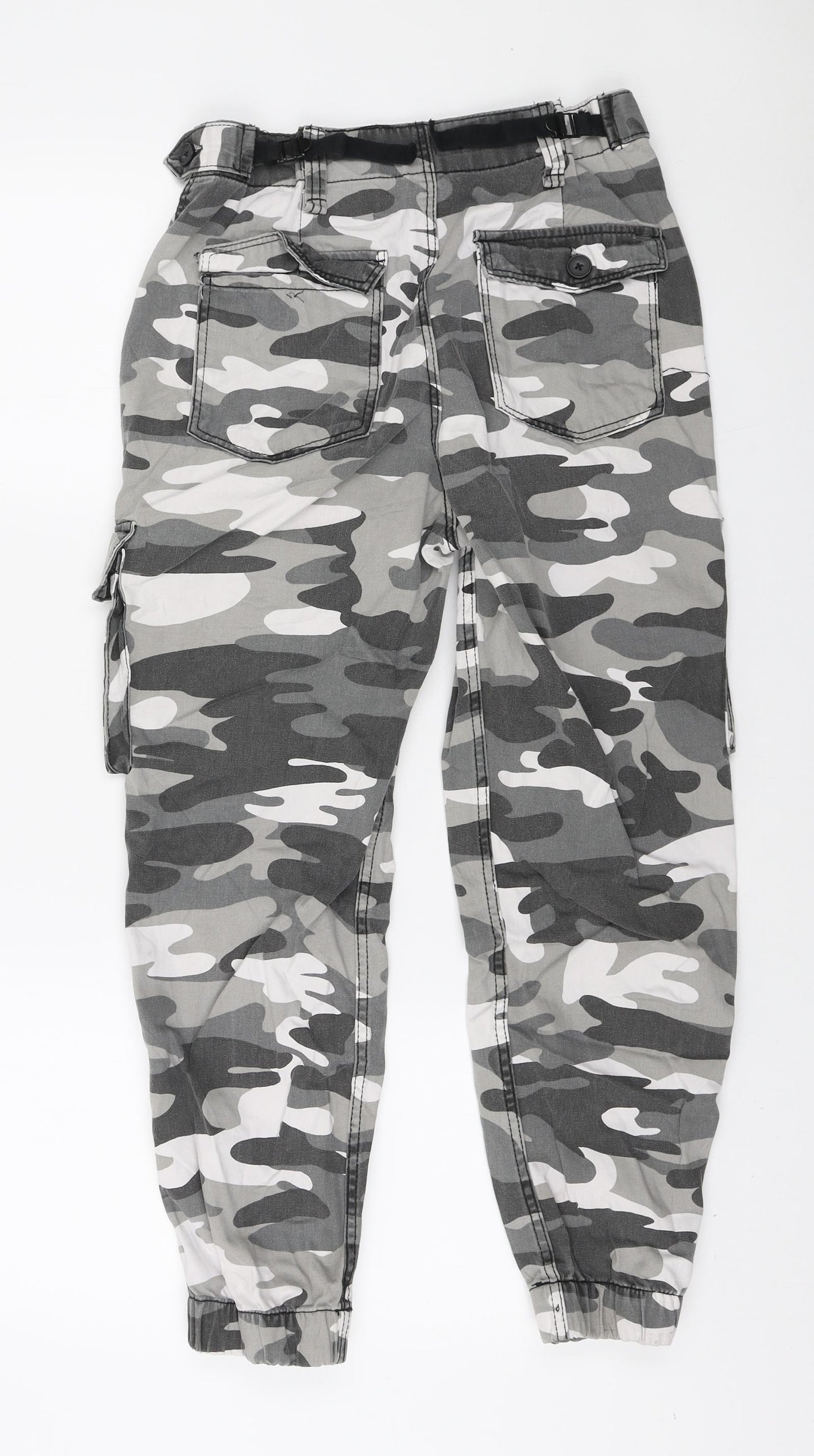 Bershka Womens Grey Camouflage Cotton Cargo Trousers Size 6 L23 in Regular Zip