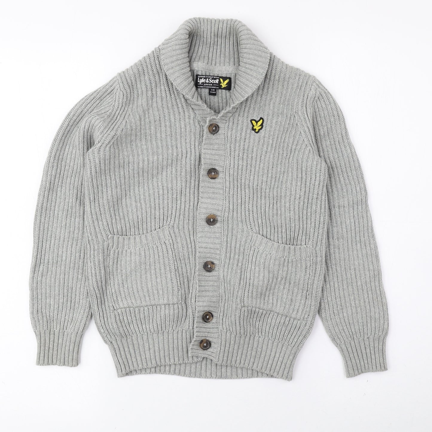 Lyle & Scott Boys Grey Collared 100% Cotton Cardigan Jumper Size 7-8 Years Button