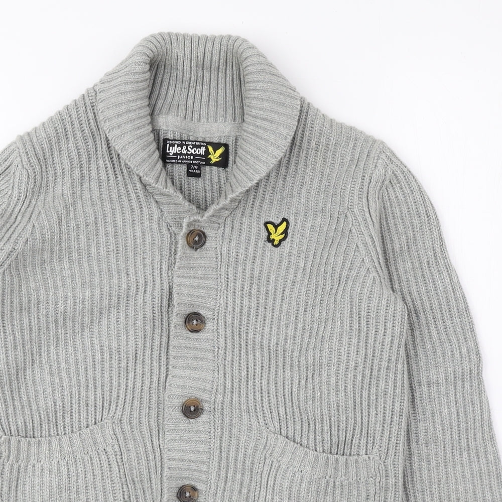 Lyle & Scott Boys Grey Collared 100% Cotton Cardigan Jumper Size 7-8 Years Button