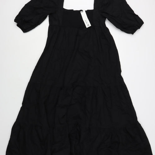 Zara Womens Black Cotton Maxi Size L Square Neck Pullover - Tiered
