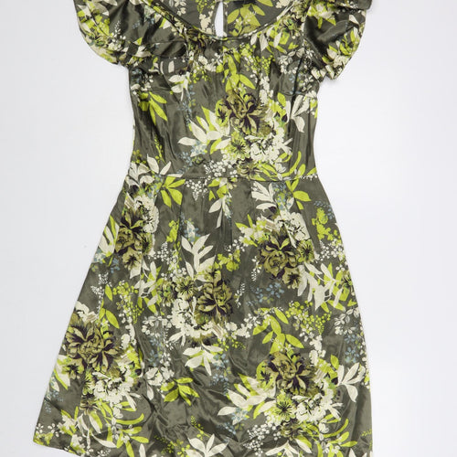 NEXT Womens Green Floral Polyester A-Line Size 6 Boat Neck Button
