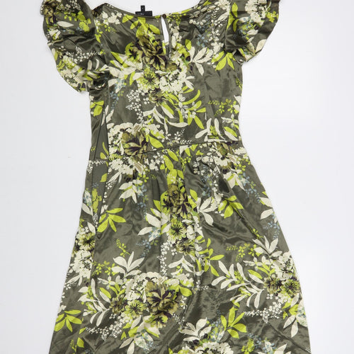NEXT Womens Green Floral Polyester A-Line Size 6 Boat Neck Button